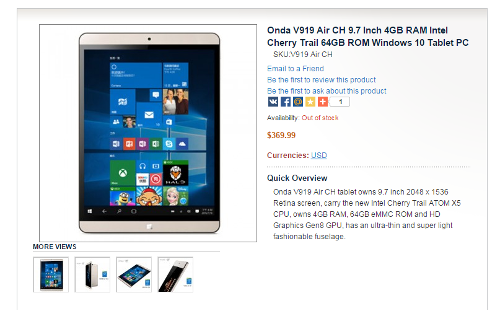 : Onda V919 Air CH  9,7-   Windows 10  Intel Atom x5-Z8500