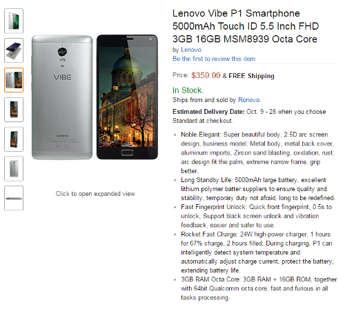 : Lenovo Vibe P1      5000    Amazon